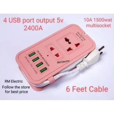 Picture of Maxline ML-604 4 USB Ports 2 Sockets Travel Multi Charger And Extension Socket With 6 Feet Cable