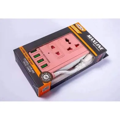 Picture of Maxline ML-604 4 USB Ports 2 Sockets Travel Multi Charger And Extension Socket With 6 Feet Cable