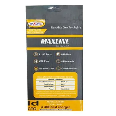 Picture of Maxline ML-604 4 USB Ports 2 Sockets Travel Multi Charger And Extension Socket With 6 Feet Cable