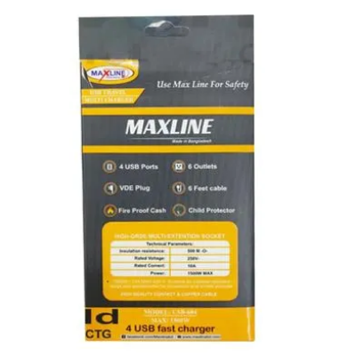 Picture of Maxline ML-604 4 USB Ports 2 Sockets Travel Multi Charger And Extension Socket With 6 Feet Cable