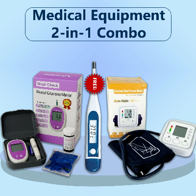 Picture of Medical Equipment 2-in-1 Combo Pack with Free Thermometer (Blood Glucose Meter + Digital BP Monitor)