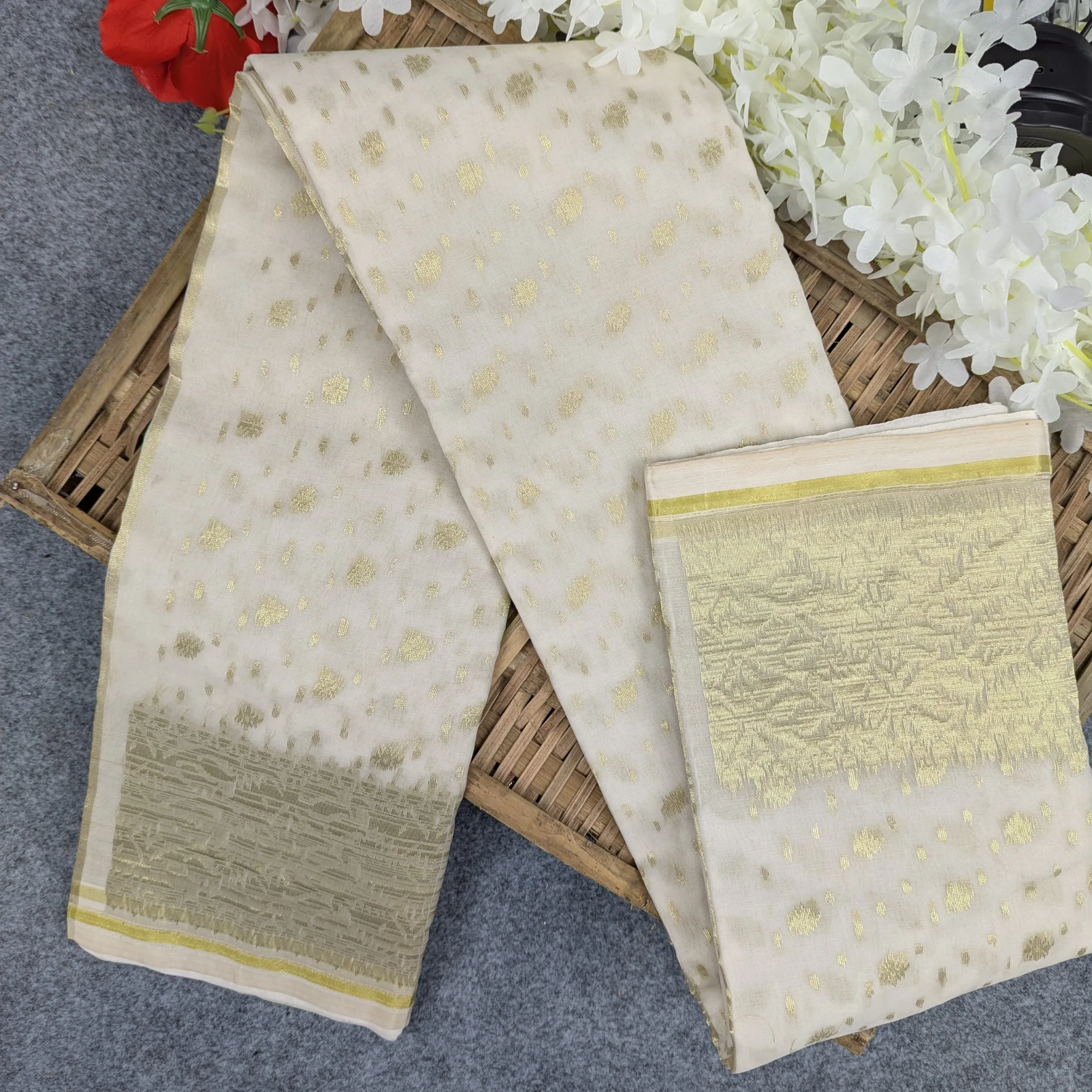 Picture of Half Silk Jamdani Saree (Off-White, Red, Purple, Lemon, Light Purple)