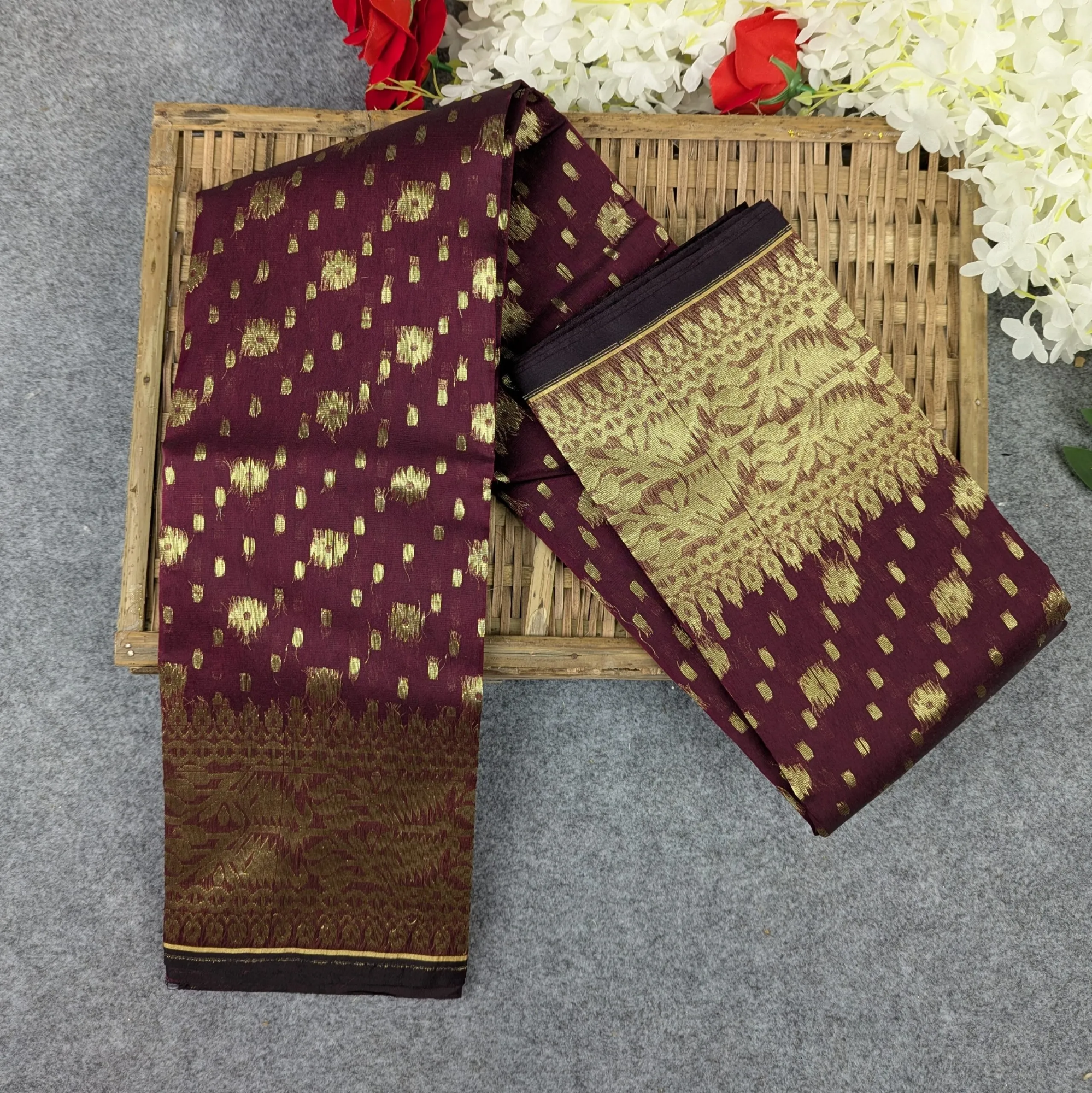 Picture of Premium Half Silk Jamdani Saree Combo Set - Maroon