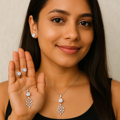 Picture of Necklace With Matching Radiant Crystal Stud Earrings.