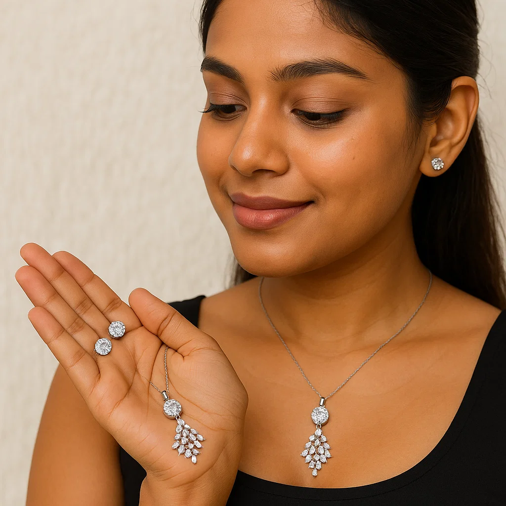 Picture of Necklace With Matching Radiant Crystal Stud Earrings.