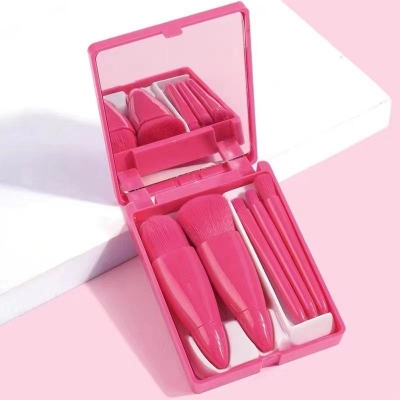 Picture of 5pcs Portable Make up Brushes Travel Pack Set Soft Eyeshadow Fiber Brush Makeup Brush Set With Mirror(Pink)