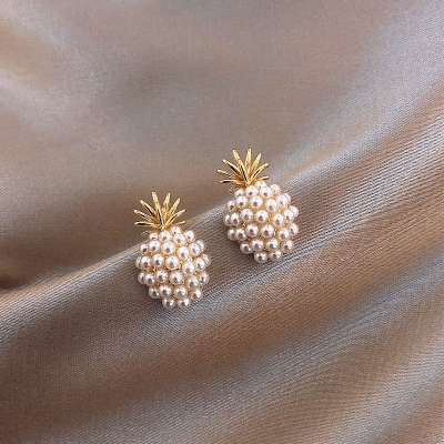 Picture of Fashion Fruit Pineapple Pearl Stud Earrings Zircon Jewelry Pearl Stud Cute Earrings Women Earrings(Gold)