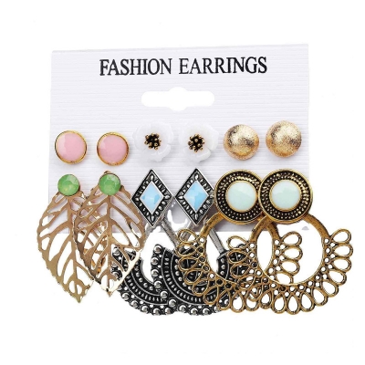 Picture of 6 Pair Flower Stud Earrings Set for Women Vintage Leaf Earrings Female Fashion Brincos Jewelry(Multicolor)