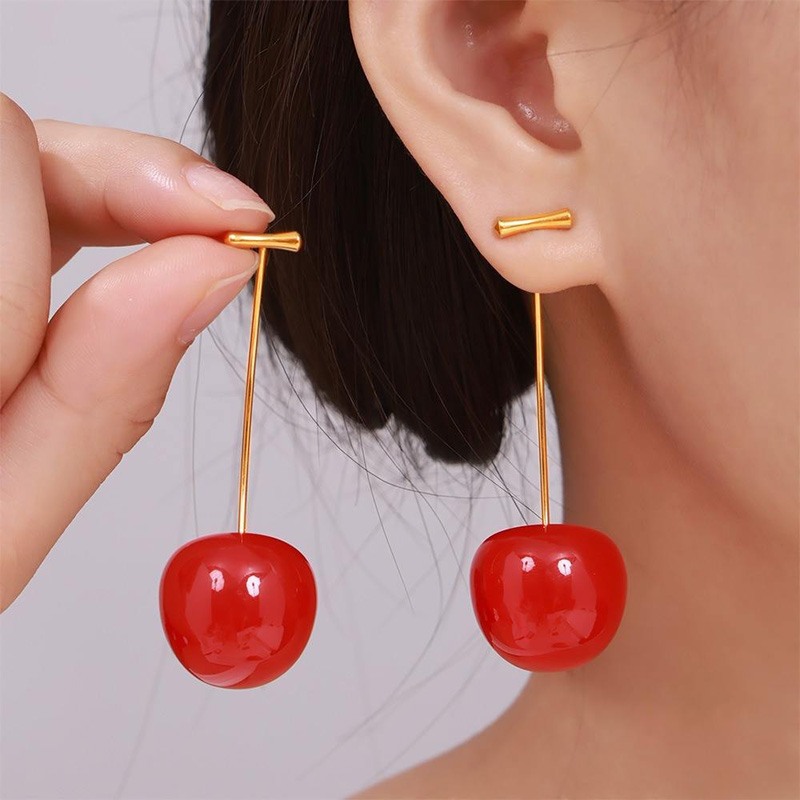 Picture of 1 Pair Cute Simulation Red Cherry Gold Color Fruit Stud Earrings Women Girl Gift Simple Drop Female Fashion Jewelry Accessories(Red)