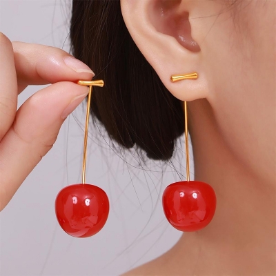 Picture of 1 Pair Cute Simulation Red Cherry Gold Color Fruit Stud Earrings Women Girl Gift Simple Drop Female Fashion Jewelry Accessories(Red)