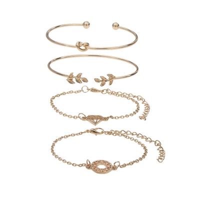 Picture of 4 Pcs/set Hollow Diamond Bangles Leaf Knot Round Chain Cuff Bracelet Set Jewelry(Gold)