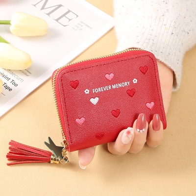 Picture of Lovely Heart Embroidered PU Leather Women's Zipper Coin Wallet  Star Pendant Short