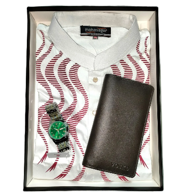 Picture of Cotton Printed Punjabi + Premium Watch + Leather Wallet Combo Pack