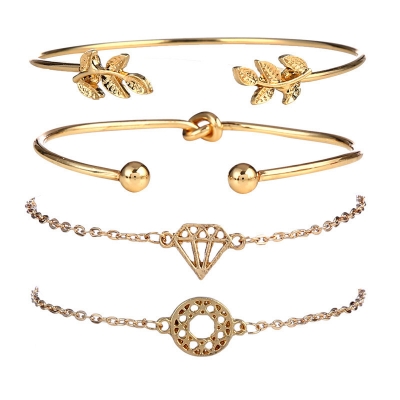 Picture of 4 Pcs/set Hollow Diamond Bangles Leaf Knot Round Chain Cuff Bracelet Set Jewelry(Gold)