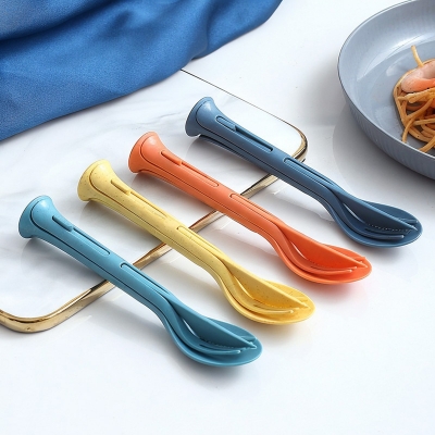 Picture of 3 in 1 Spoon Fork Knife Tableware Wheat Straw Cutlery Set Portable Infant Food Feeding Toddler Baby Infants Dinnerware(Multicolor)