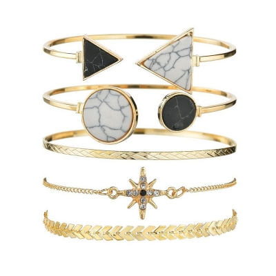 Picture of 5 Pcs Set Fashion Turquoise Charm Bracelet Asymmetrical Size Round Triangle Geometric Round Open Bracelet Set(Gold)