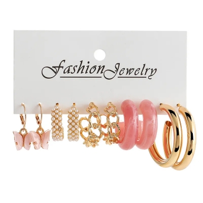 Picture of Trendy Pink Geometric Women's Earrings Set Fashion Pearl Circle Hoop Earrings for Women Brincos Female Jewelry(Multicolor)