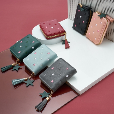 Picture of Lovely Heart Embroidered Pu Leather Women's Zipper Cash Short Wallet Ladies mini Tassel Purse card Holder