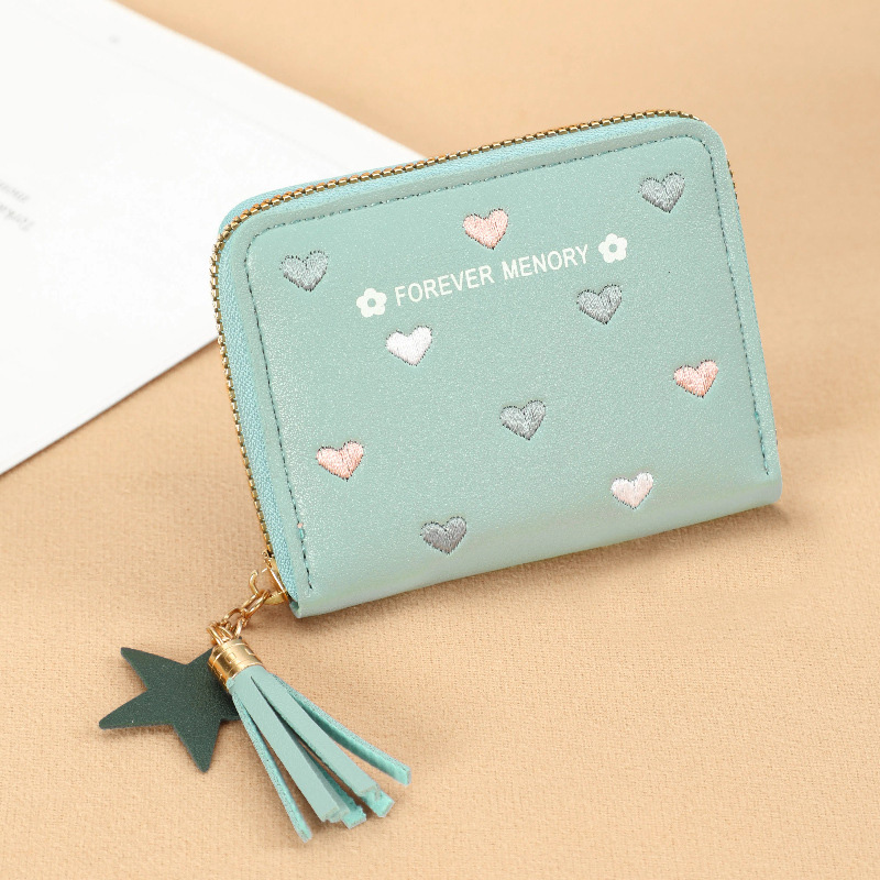 Picture of Lovely Heart Embroidered Pu Leather Women's Zipper Cash Short Wallet Ladies mini Tassel Purse card Holder