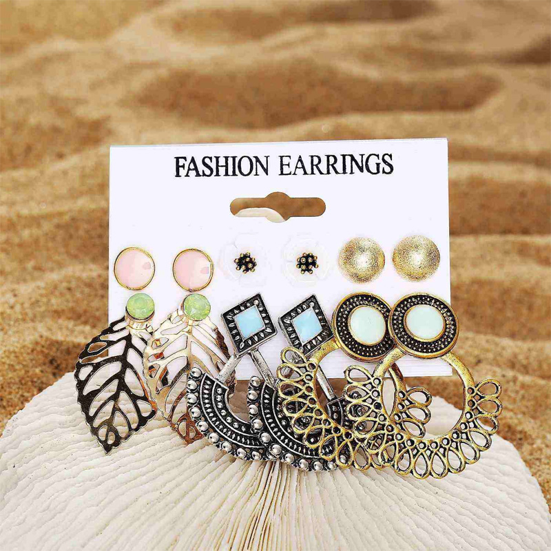 Picture of 6 Pair Flower Stud Earrings Set for Women Vintage Leaf Earrings Female Fashion Brincos Jewelry(Multicolor)
