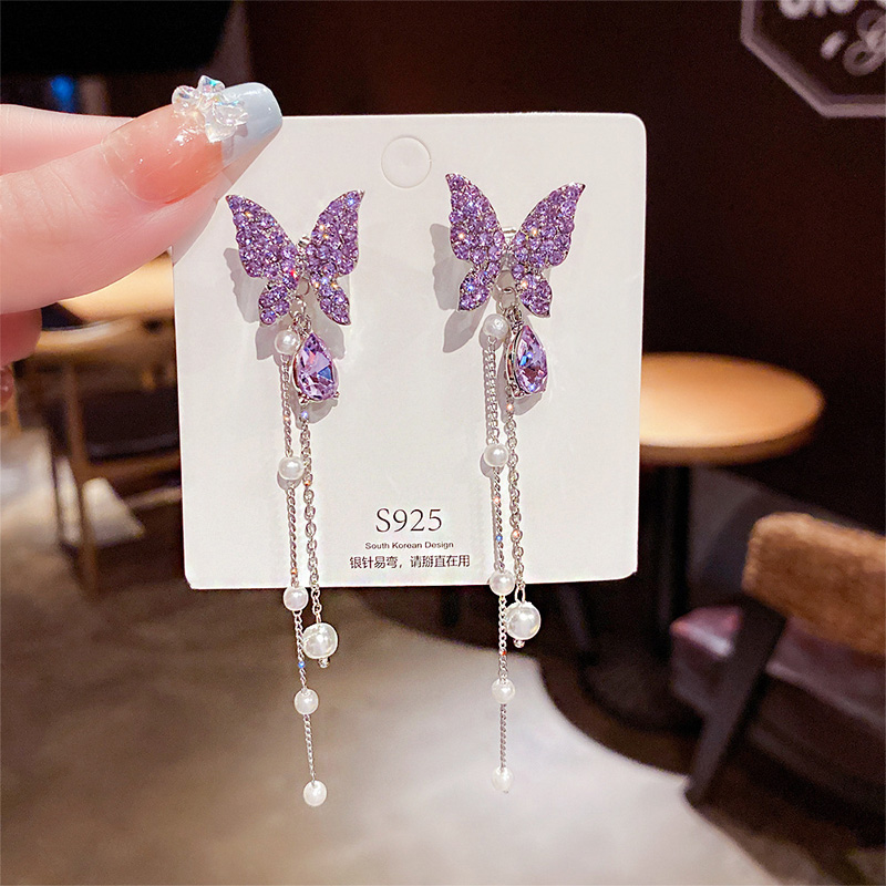 Picture of 1 Pair Fashion Women Korean Style Purple butterfly Pearl Drop Long Tassel Earring Women Zircon butterfly Long Chain Pearl Drop Earring(Purple)