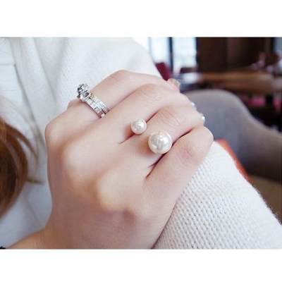 Picture of 2 Pcs Korean big Size Pearl Opening Ring Minimal Exaggeration Ring Double Pearl Ring