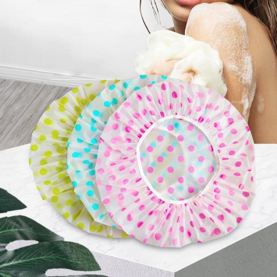 Picture of 1 Pcs Reusable Elastic Shower Hat Fashion Waterproof Polka Dot Shower Hat Bath Head Hair Cover for Women Salon Shower BathroomTool(Multicolor)