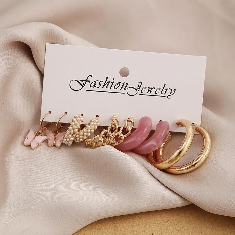 Picture of Trendy Pink Geometric Women's Earrings Set Fashion Pearl Circle Hoop Earrings for Women Brincos Female Jewelry(Multicolor)