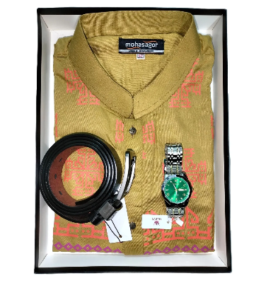 Picture of Cotton Printed Punjabi + Premium Watch + Leather Belt Combo Pack