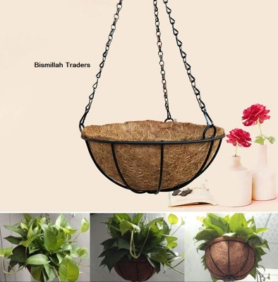 Picture of Flower Tub Vase Coconut Palm Hanging Chain Basket Garden Pot Wall Planter - Brown