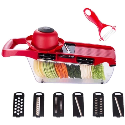 Picture of Vegetable Slicer 7 in 1 Multi-Function Food Slicer Grater Chopper Fruit and Cheese Vegetable Cutter Mandoline Vegetable Slicer with 6 Interchangeable Blades Free Peeler - Multicolor