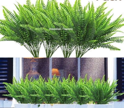 Picture of 2 Branches Artificial Fern Plants UV Resistant Faux Greenery Shrubs Plants Indoor Outside Home Wedding Office Garden Decor