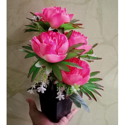 Picture of Artificial Big Laddu Rose Stick with Pot 1Pcs (China) - Deep pink