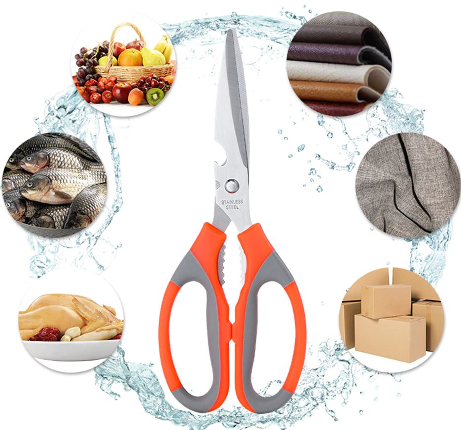 Picture of 3 In 1 Multipurpose Kitchen Scissor Multifunctional Stainless Steel Sharp Fishing Cutting Household Multi Kitchen Scissors With Beer Opener Walnut Clip - Silver