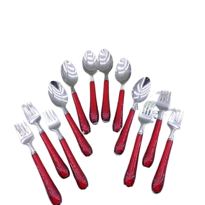 Picture of 6 Pcs Stainless Steel Tea & Frok Spoon With Plastic Handle Set. Stainless Steel Spoon Set With Plastic Handle Red 3 Tea Spoon And 3 Frok Spoon Set - Red