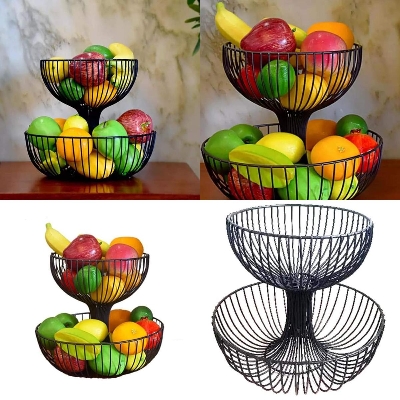 Picture of New Design 2 Tier Round Fruit Basket / Kitchen, Dining & Bar Bronze Wrought Iron 2 Tier Open Fruit Display Stand Basket Kitchen Storage & Organization - Black