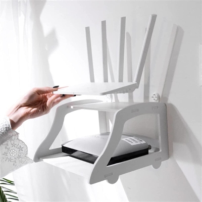 Picture of Wall Mounted Wifi Router Shelf Set-Top Box Bracket Storage Box Double Floating Wall Mount Shelf - White