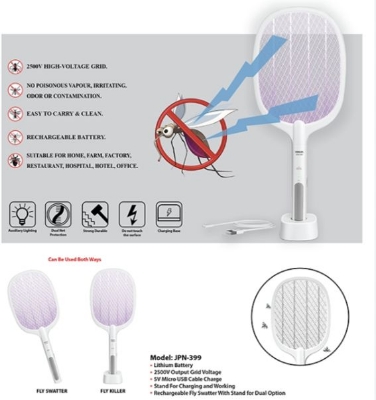 Picture of Rechargeable Wireless Handheld Electric Shock Mosquito Killer/Fly Swatter Racket Bat/Electric Insect Killer with 3-Layer Mesh UV Light Lamp USB Charging Base for Indoor Outdoor - Multicolor