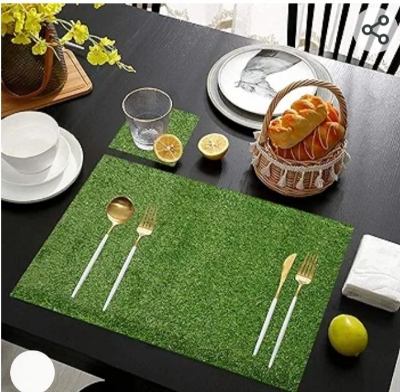 Picture of Green Grass Table Mat Placemats 4 Pcs  Artificial Grass Anti Heat Insulation Pad for Coffee Table Dining Table Hot Pot Holders Dining Table Accessories for Home Office - Green