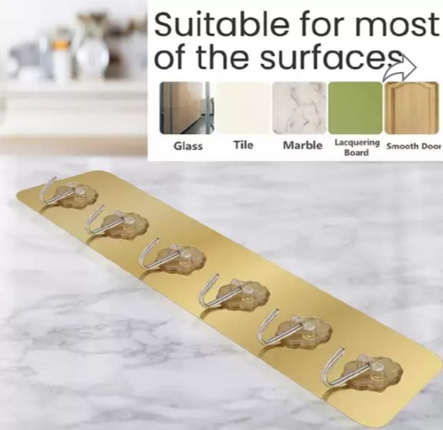 Picture of 1 Pcs Self-Adhesive Strong Transparent Suction Cup Hanger Kitchen Bathroom Multi-Purpose 6 Hook Seamless Super Glue Hook - Gold