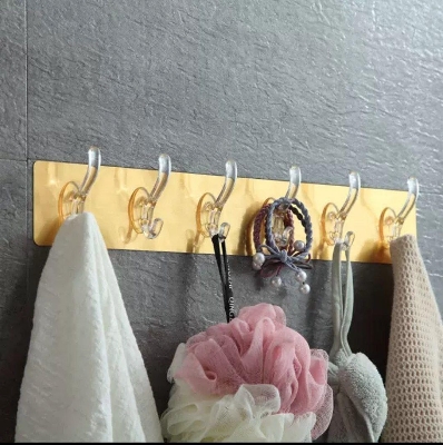Picture of 1 Pieces Hangers 6 Hook Transparent Elastic Golden Double Face Adhesive Premium Silicone Multi Use - Gold