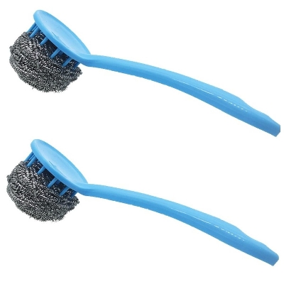 Picture of 2 Pc Metallic Scourer Brush with Plastic Handle Steel Wool Scrubber Steel Scouring Pad - Multicolor 2 Pcs