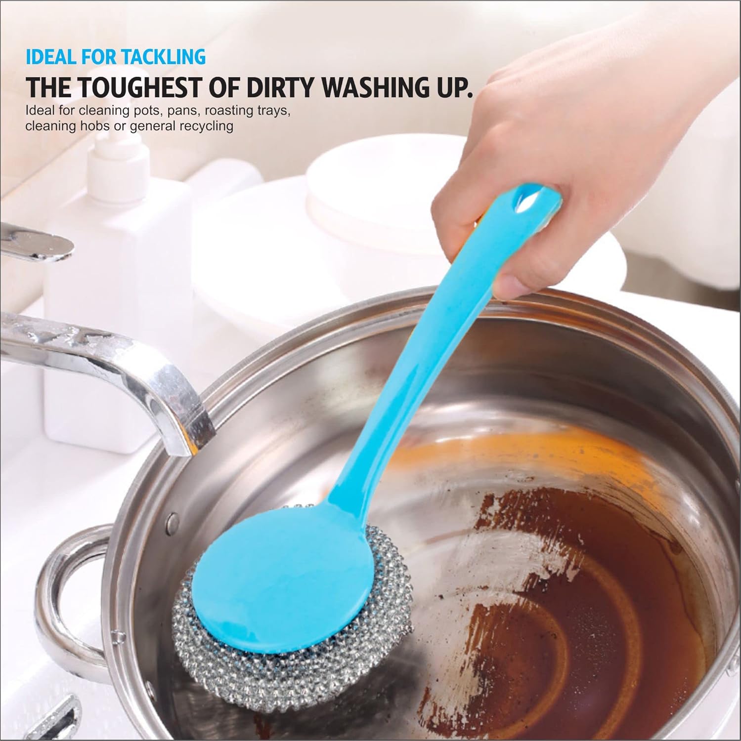 Picture of 2 Pc Metallic Scourer Brush with Plastic Handle Steel Wool Scrubber Steel Scouring Pad - Multicolor 2 Pcs