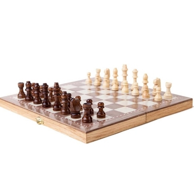 Picture of 12" x 12" Portable Wooden Chess Set 3 in 1 Game Set - Chess / Checkers / Backgammon with Folding Board and Handcrafted Wooden Pieces - Brown