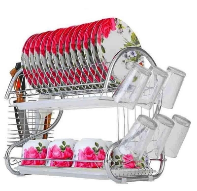 Picture of Stainless Steel Dish Drying Rack 2-Tier Dish Rack with Utensil Holder and Tiered Design , Kitchen Counter Dish Drainer , Dish Dryer Rack Over Sink Organizer - Silver