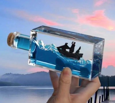 Picture of Acrylic Desktop Decoration Black Liquid Wave Pirate Cruise Ship Fluid Drift Bottle Relaxing Toy Drifting Bottle Floating Boat Ornament Decompression Toy Birthday Gift Home Desktop - Blue