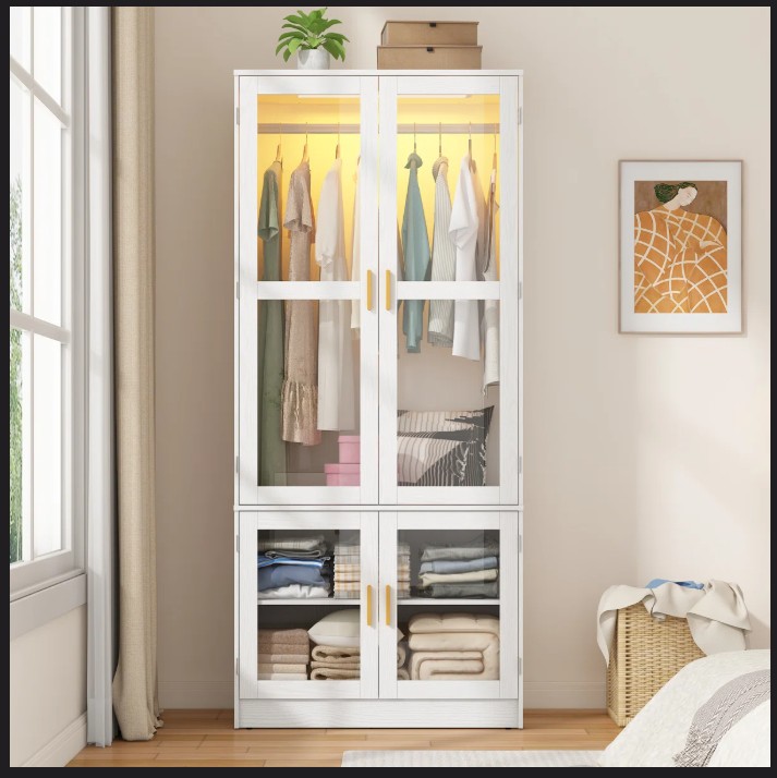 Picture of 4-Door White 71" H Armoire With LED Sensor Light And Hanging Rod & 2 Door Shalve Storage Wardrobe, Modern White LED Sensor Light Almirah