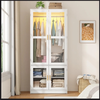 Picture of 4-Door White 71" H Armoire With LED Sensor Light And Hanging Rod & 2 Door Shalve Storage Wardrobe, Modern White LED Sensor Light Almirah