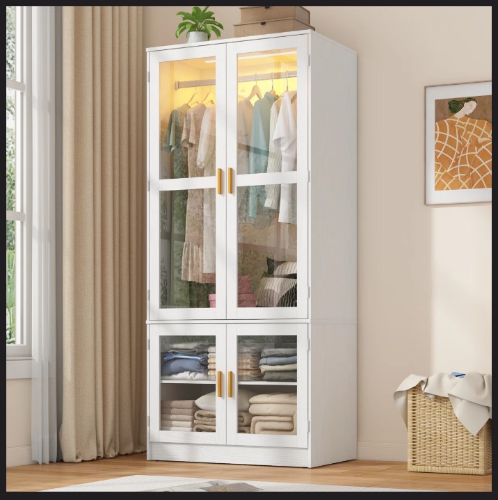 Picture of 4-Door White 71" H Armoire With LED Sensor Light And Hanging Rod & 2 Door Shalve Storage Wardrobe, Modern White LED Sensor Light Almirah
