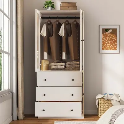 Picture of 2 in 1 wardrobe White Modern Armoire , 2 Door Fluted Glass Hanging Road with 3 Drawer Storage Wardrobe Almari, 2 Part Glass Almirah Hanging Road with Srorage Drawer Almari